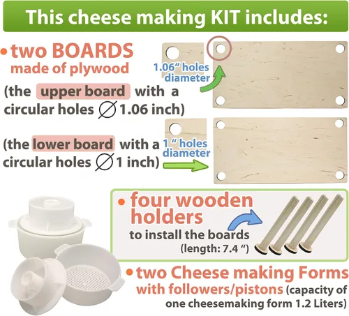 Vista 2 de Prensa de queso de madera para suministros de fabricación de queso, guías de madera de 16 pulgadas y molde de 2 quesos con pistón seguidor de 1.3