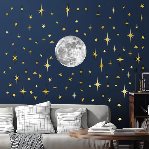 Vista 12 de Calcomanías de pared con estrella dorada, diseño retro de explosión de estrellas, calcomanías para dormitorio, sala de estar, decoración de techo