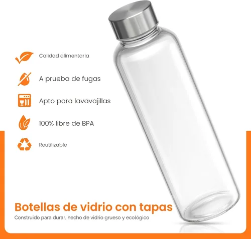 Vista 4 de Epica Botellas de vidrio transparente con tapas, botellas de agua de 17.5 onzas, paquete de 6 Travel-Friendly Juice bottles, Mix, Serve, and Store