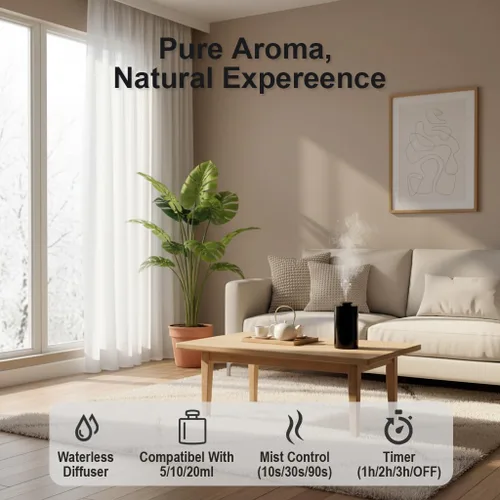 Vista 2 de Difusor de aceite esencial sin agua con capacidad de 0.7 fl oz, difusores inalámbricos con 3 niveles de niebla y temporizadores para oficina en casa