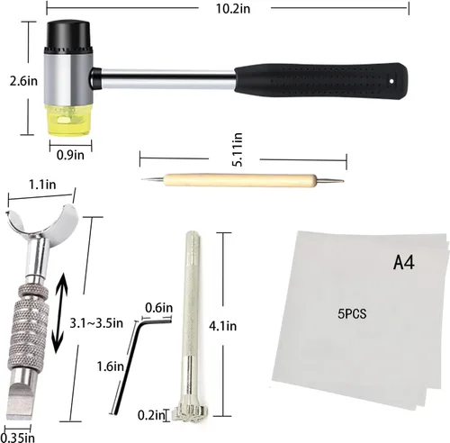 Vista 2 de Kit de herramientas de estampado de cuero, juego de punzones de cuero de diferentes formas, kit de herramientas de tallado de cuero con martillo