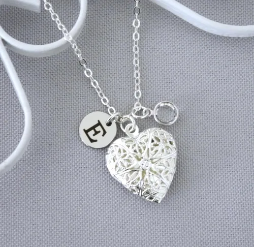 Vista 4 de Madie's Charms Heart Picture Locket - Personalized Locket Necklace - Initial Necklace - Heart Locket - Silver - Custom - Birthstone Necklace