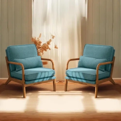 Vista 16 de Bonnlo - Silla de acento moderna de mediados de siglo con tela de lino beige, sillones de descanso con acolchado de madera maciza para sala
