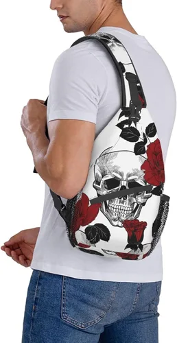 Vista 9 de Bandolera cruzada de girasol y bandera estadounidense para mujeres y hombres, bolsa de viaje para senderismo, bolsa de pecho, Rose and Skull