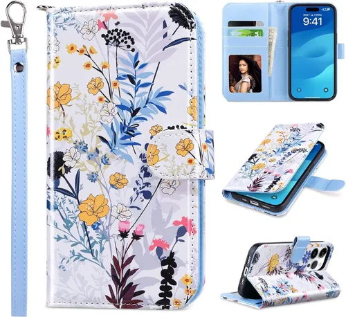 Vista 19 de ULAK Funda tipo cartera compatible con iPhone 15 Pro con tarjetero y diseño de flores, para mujeres y niñas, piel sintética, con función atril