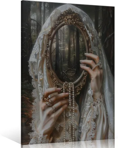 Vista 15 de Pintura retro de chica con estilo vintage en lienzo con estampado de rosas, póster estético antiguo, chica victoriana de estilo moody, arte de pared