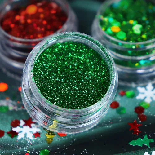 Vista 5 de Árbol de Navidad con copos de nieve 3D para árbol de Navidad, lentejuelas mezcladas de 3 colores con purpurina en polvo hexagonal con purpurina