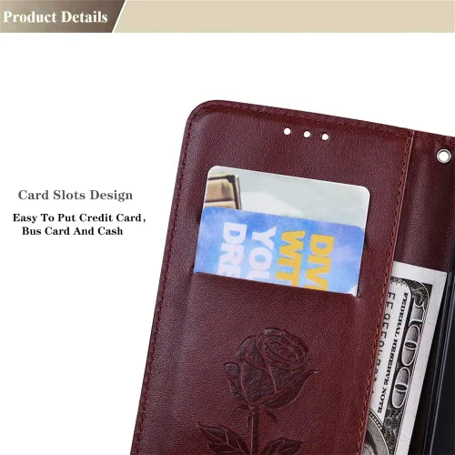 Vista 3 de CCSmall para Xiaomi Redmi Note 11 4G Wallet Flip Case w/Wrist Strap RS Marrón PU cuero 3D rosa flor relieve cubierta protectora con cierre