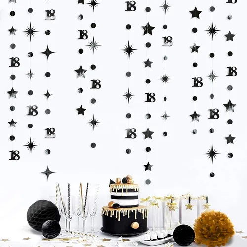 Vista 4 de Decoración de cumpleaños número 18 en negro, número 18 con punto circular, guirnalda de estrellas centelleantes, banderines de serpentina metálica