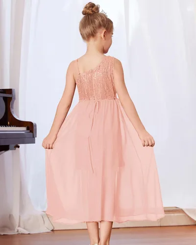 Vista 3 de GRACE KARIN Vestido de lentejuelas para niñas, vestido de fiesta de cumpleaños de un hombro, vestidos de graduación 6-14 años