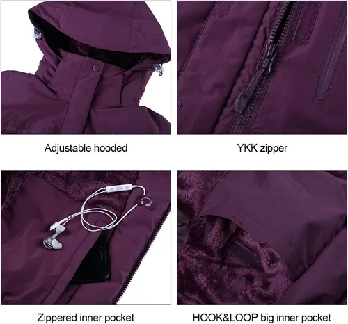 Vista 48 de CAMEL CROWN - Chamarra de esquí para mujer, impermeable, con capucha desmontable, rompevientos, forro polar, parka para lluvia
