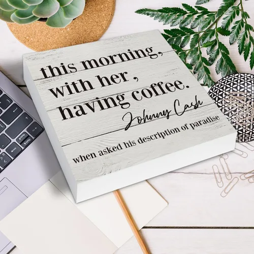 Vista 4 de HOIJAUMAI Letrero de madera con texto en inglés "This Morning with Her Having Coffee" (This Morning with Her Having Coffee) Letrero de madera