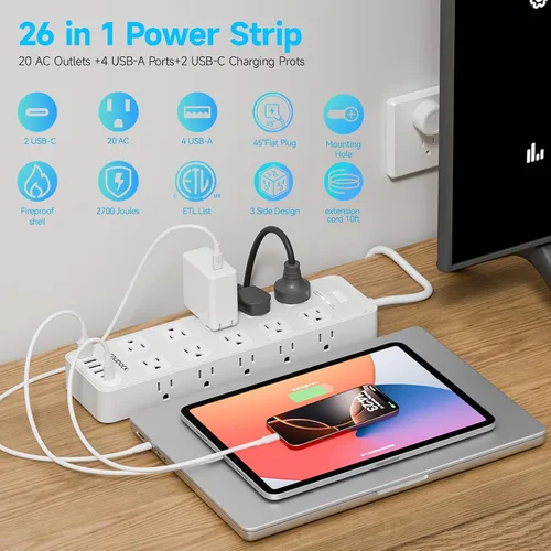Vista 2 de Regleta de alimentación con enchufe plano, protector contra sobretensiones con 20 tomas de corriente AC y 6 puertos USB de carga, 1875 W/15 A, 2700