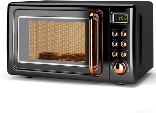 Vista 13 de SIMOE Horno microondas retro crema, 0.7 pies cúbicos microondas compacto de encimera, microondas pequeño de 700 W con pantalla LED, bloqueo