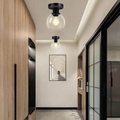 Vista 8 de Glass Semi Flush Mount Ceiling Light, Industrial Porch Light Fixtures, Matte Black Base with 6“ Clear Glass Shade, Bright Close to Ceiling Light for