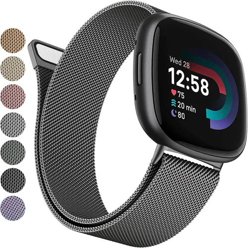Vista 9 de Bandas de metal compatibles con Fitbit Versa 3/Versa 4/Fitbit Sense/Sense 2 para mujeres y hombres, correa de malla de acero inoxidable transpirable