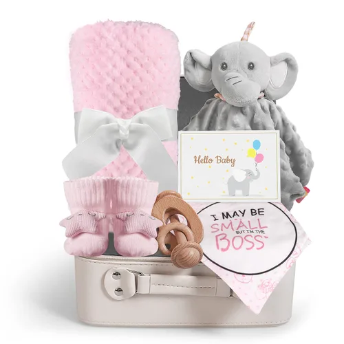 Vista 10 de iAOVUEBY Regalos de baby shower, regalos de bebé, juego de regalo de Navidad para recién nacidos, manta de bebé esencial de elefante, sonajero