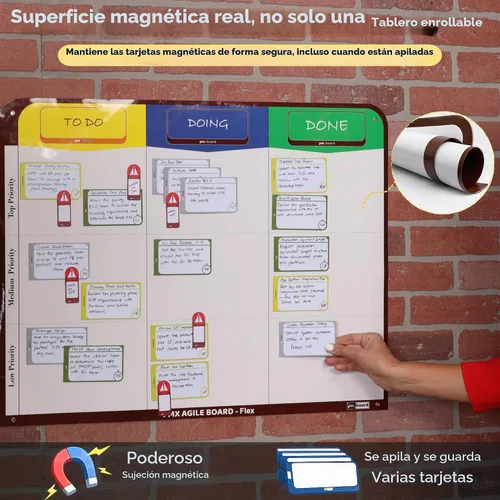 Vista 5 de Kit de tablero magnético Kanban de 3 columnas – Tablero + 47 tarjetas magnéticas Flex Dry Erase Scrum & Project Planning Whiteboard