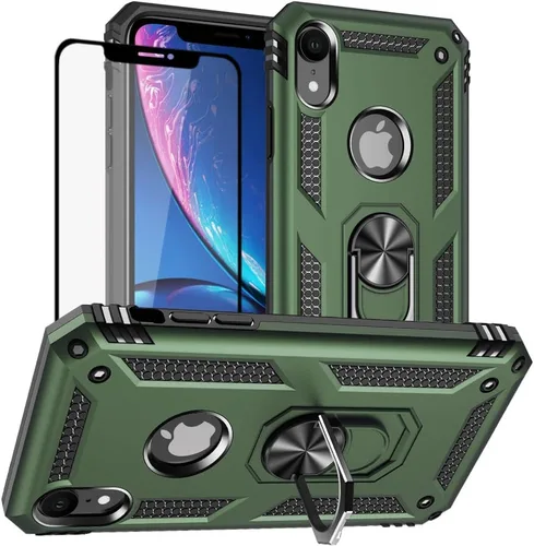 Vista 9 de Yiakeng Funda para iPhone XR, iPhone XR con protector de pantalla, fundas protectoras de grado militar con anillo para iPhone XR (negro)