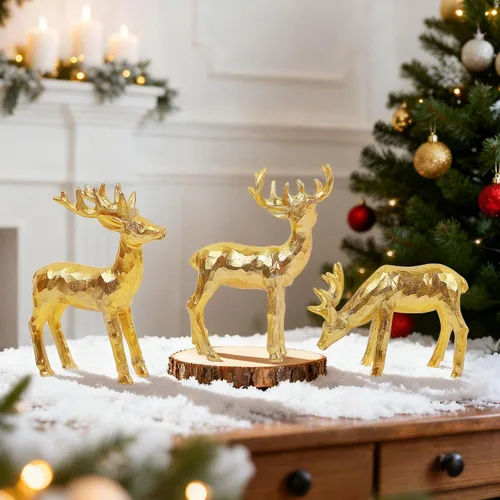 Vista 9 de Lulu Home 3 piezas de decoraciones de mesa navideñas, estatuillas familiares de renos dorados de resina con diversas posturas, adornos para centros