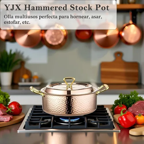 Vista 3 de YJX olla de 4.2QT con tapa martilleada, oro rosa de cobre, acero inoxidable tricapa, utensilio de cocina multifuncional para hornear, asar, guisar
