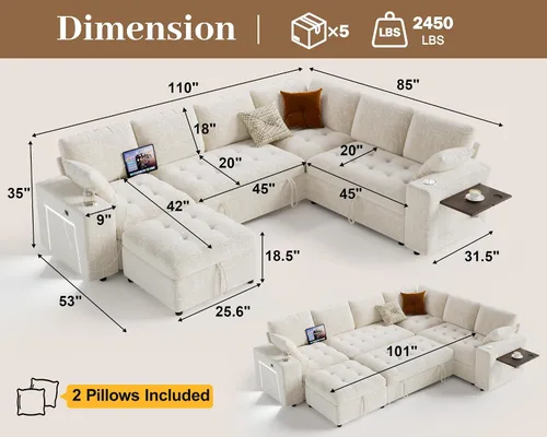 Vista 3 de Vipbear Sofá cama modular de 111 pulgadas, sofá cama modular de 7 asientos con cama extraíble, sofá en forma de L de felpilla con otomana de Beige