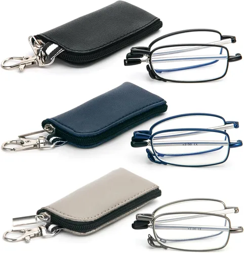 Vista 9 de Paquete de 3 lentes de lectura plegables con llavero, bolsas compactas, para mujeres y hombres, bloqueo de luz azul, bisagra de resorte, lectores