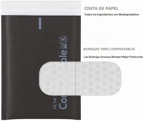 Vista 3 de Sobres autosellables con burbujas 6x10 100% biodegradables, 25 unidades de kraft negro #000, sobres de embalaje acolchados compostables, bolsas