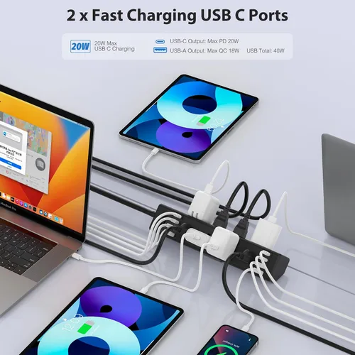 Vista 3 de Estación de carga rápida de 40 W, regleta de alimentación con abrazadera de escritorio 20 W USB C, 8 tomacorrientes, 8 puertos USB, 4 USB C y 4 USB