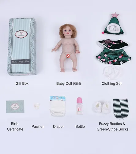 Vista 5 de Muñecas de bebé, 18 pulgadas realista Reborn Full Vinyl Baby Doll con pelo rizado, detalles realistas pintados a mano y atuendo acogedor para niñas