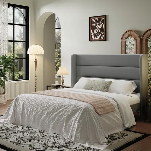 Vista 10 de SHA CERLIN - Base de cama tamaño Full con cabecera tapizada en terciopelo y diseño acanalado vertical; plataforma de cama tapizada con listones
