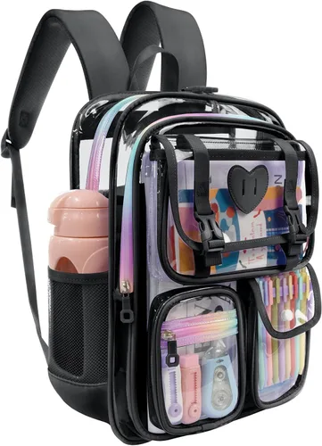 Vista 2 de Mochila transparente de PVC impermeable y resistente al congelamiento, de gran capacidad, elegante y duradera para viajes, Negro, Moderno