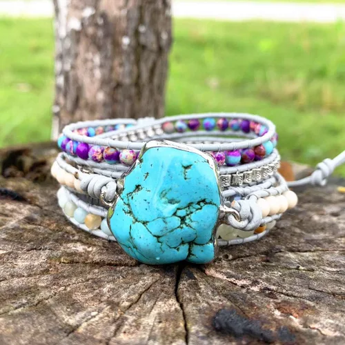 Vista 2 de Ygline Pulsera bohemia hecha a mano, con piedra de cristal, envolvente, de cuero, para mujer