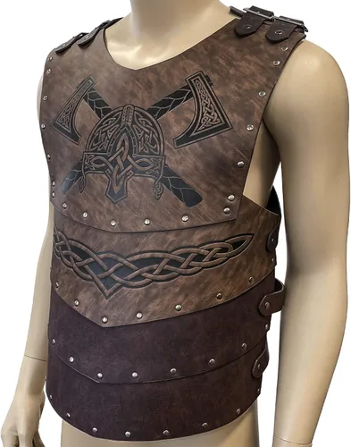 Vista 5 de HiiFeuer Viking - Casco de piel sintética en relieve armadura de pecho con hacha armadura de cuero de caballero medieval retro para LARPCosplay