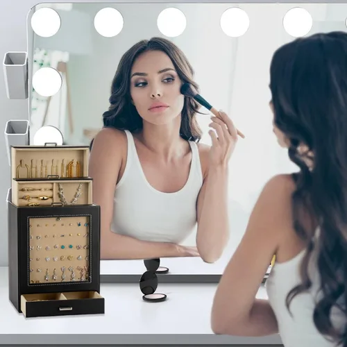 Vista 2 de Joyero para mujeres y niñas, organizador de almacenamiento de joyas con cajones, caja organizadora de joyas grande con negro
