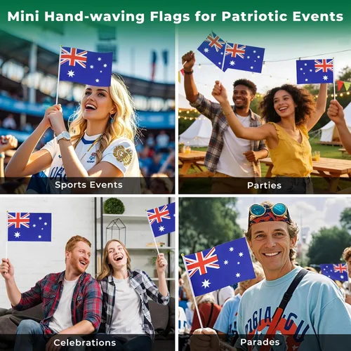 Vista 4 de Bandera de Australia Pequeña Bandera Australiana Paquete de 12 Mini Banderas de Mano Australianas en Palos para Desfiles de Fiesta, Eventos
