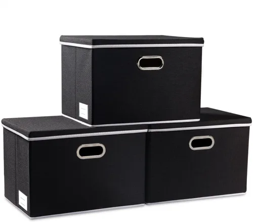 Vista 64 de PRANDOM Contenedores de almacenamiento con tapas [paquete de 3] cajas de almacenamiento plegables de tela de lino, canastas organizadoras, cubos