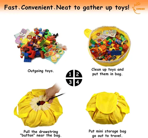 Vista 8 de Bolsa de almacenamiento de juguetes para tapete de juego Lego - Organizador de juguetes Duplo con cordón para niños, con bordes, puede ser un regalo