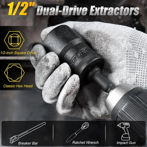 Vista 5 de Juego de Dados para Tuercas de Orejeta Grandes 17-36mm, Herramienta de Remoción de Seguros de Rueda de Impulso de 1/2", Kit Extractor de Pernos