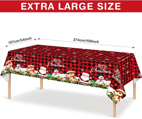 Vista 2 de Tiamon Paquete de 3 manteles de plástico para mesa de Navidad de 54 x 108 pulgadas para mesa rectangular, mantel desechable con diseño de muñeco
