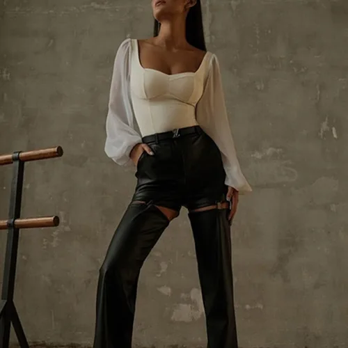 Vista 4 de Ludhou Body de manga larga abombada con cuello cuadrado para mujer sexy bodycon para ropa de mujer