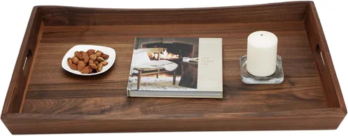 Vista 5 de Bandeja otomana rectangular grande de madera de nogal negro curvada de 28 x 18 pulgadas con asas, sirve té, café, bandeja decorativa de madera