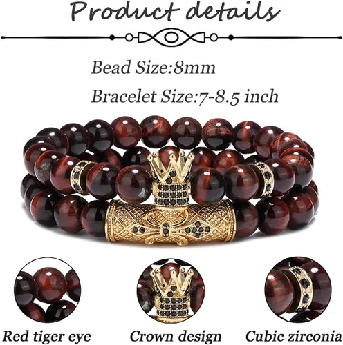 Vista 3 de Juego de 4 pulseras de 0.315 in con corona King para hombres y mujeres, ojo de tigre, negro mate, ónix mate, cuentas de piedra natural