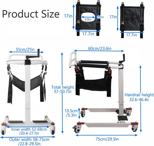 Vista 2 de Silla elevadora de paciente, silla de ruedas elevadora para el hogar, silla portátil de transferencia para ancianos, altura ajustable con dos