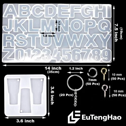 Vista 2 de EuTengHao Juego de 272 moldes de resina de silicona con letras y números, moldes de epoxi, llaveros de resina para joyería con llavero, anillos