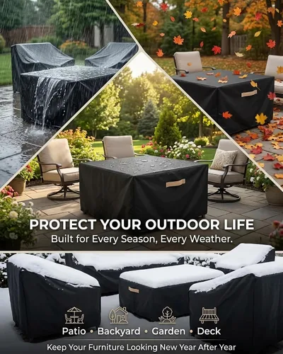 Vista 9 de Cubierta impermeable para muebles de exterior, juego de mesa y silla rectangular de 600D resistente de 64 pulgadas de ancho x 52 pulgadas de largo x