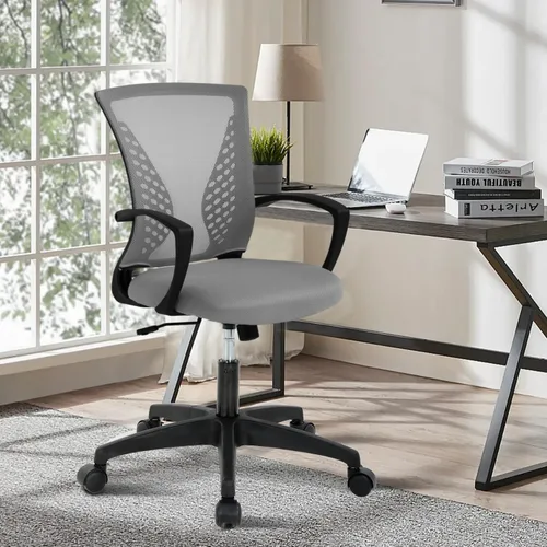 Vista 2 de Silla de oficina de malla con ruedas, silla de escritorio ergonómica de respaldo medio con brazos y soporte lumbar, cómoda silla de computadora