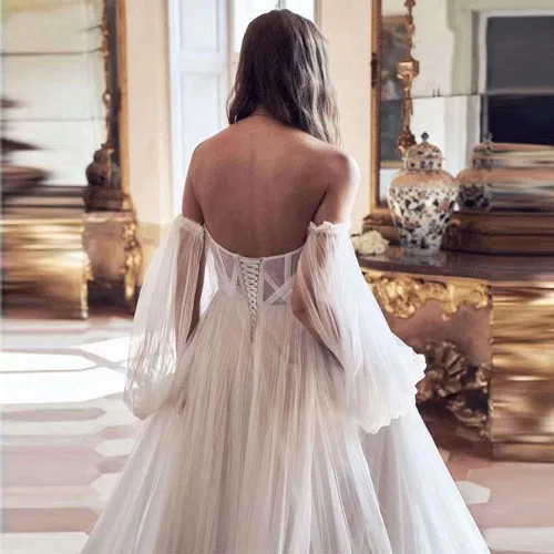 Vista 4 de Vestidos de fiesta de manga hinchada 2024, vestidos largos de baile para mujer, vestido formal de tul con hombros descubiertos, vestido de princesa