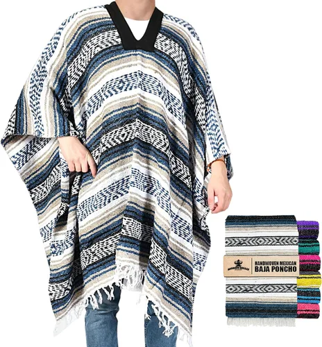 Vista 17 de Artisans Bazaar Poncho tradicional mexicano de Baja para hombres y mujeres, auténtico sarape de Gaban, manta de vaquero Pancho Jorongo Aguamarina