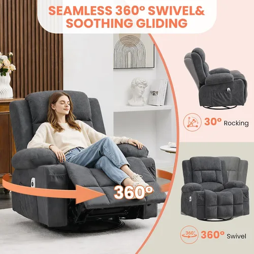 Vista 4 de Silla reclinable giratoria de masaje, reclinable ergonómico con masaje por vibración y calor, mecedora para sala de estar, sala de estar, sala